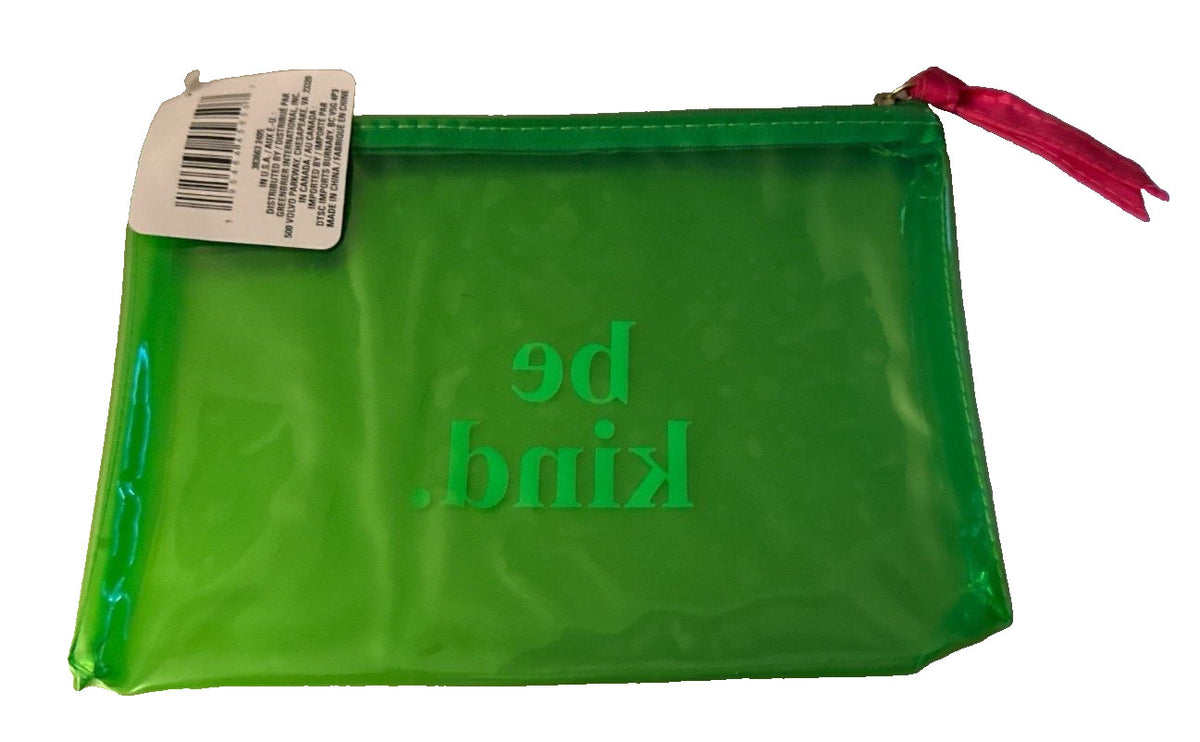 Transparent Cosmetic Toiletry Bag Be Kind Green 7.5x5.5in Travel Organizer