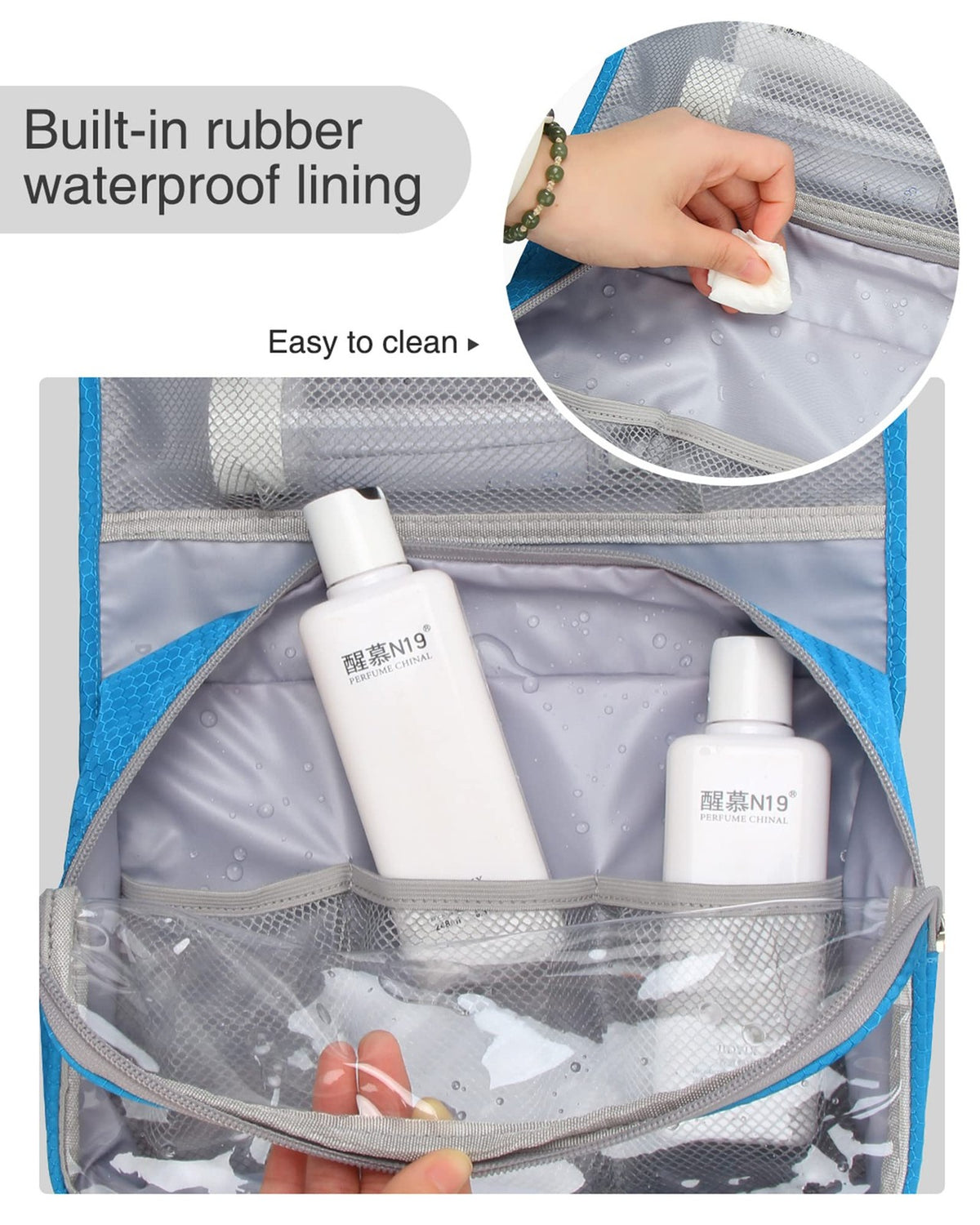 Large Travel Hanging Toiletry Bag with Multiple Compartments & Water-Resistant Nylon - Blue
