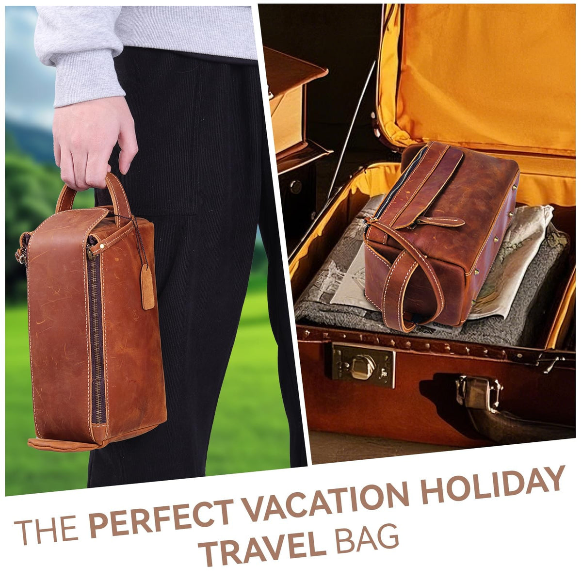 Full Grain Leather Travel Toiletry Bag - Water-Resistant Organizer for Men & Women