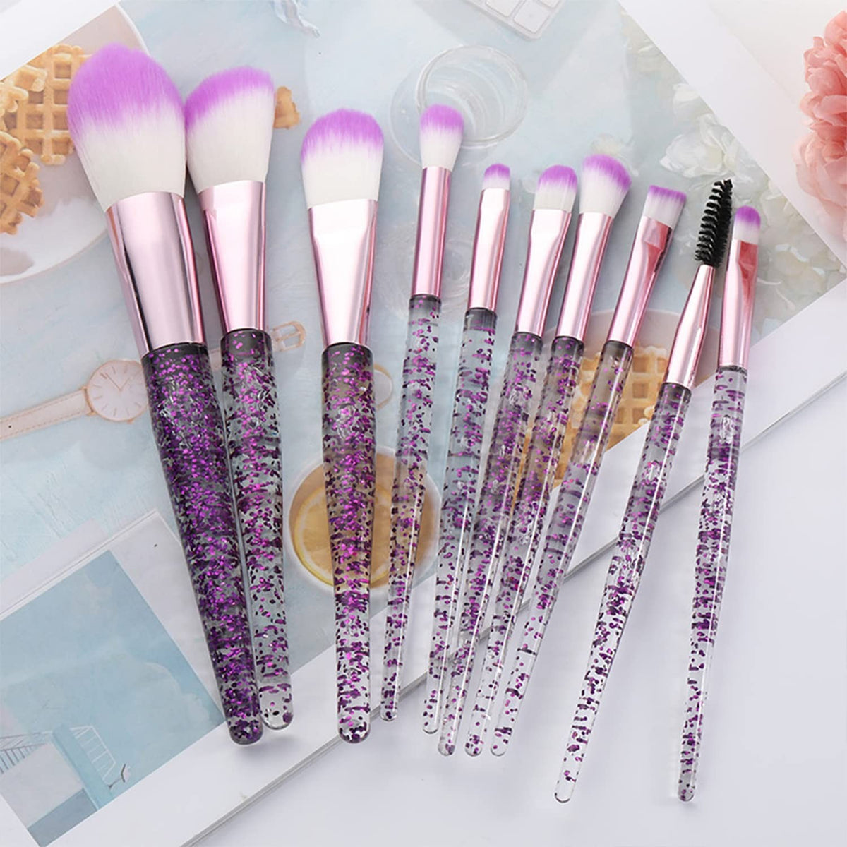 10-Piece Makeup Brush Set with Glitter Handle for Foundation Blush & Eyeshadow