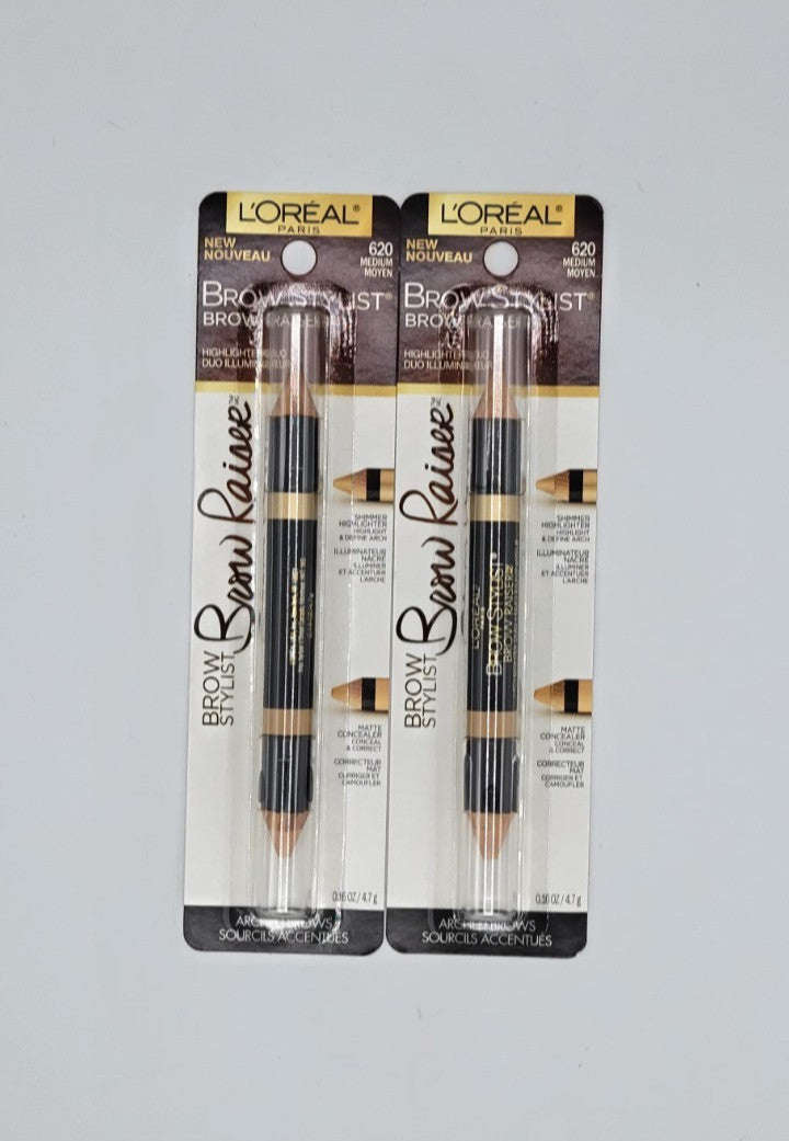 (2 Pack) Loreal Brow Stylist Raiser Highlighter Duo #620 Medium - Eyebrow Defining & Brightening Tool