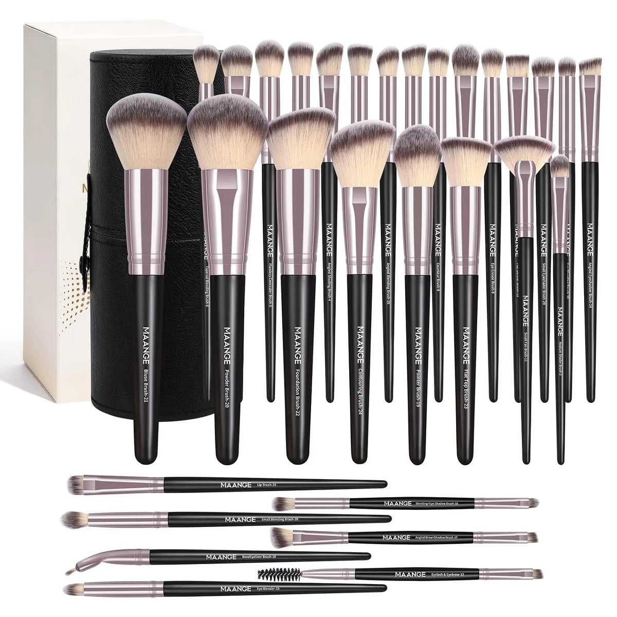 Maange 30-Piece Makeup Brush Set with Travel Case ā includes 6 Face & 24 Eye Brushes