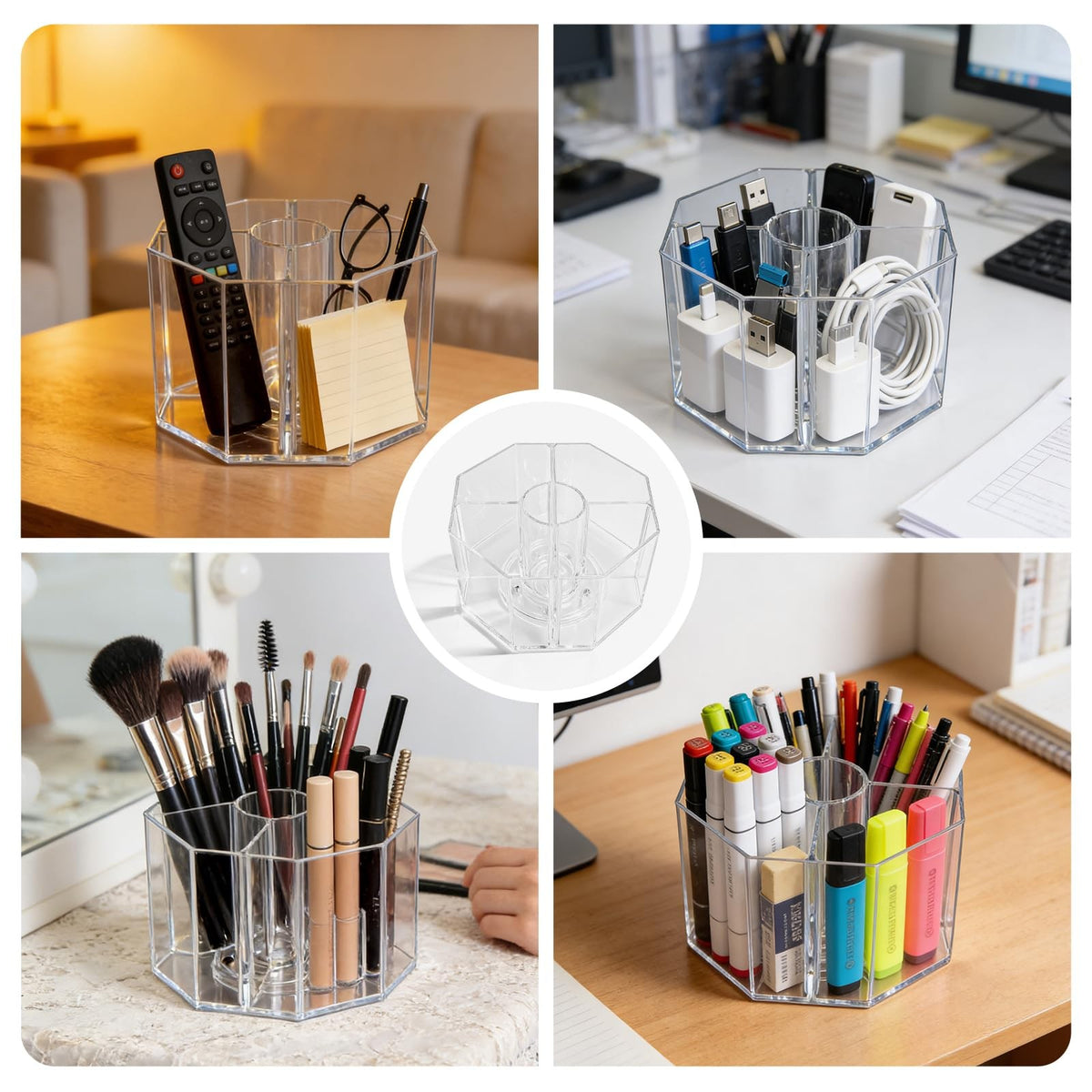 Acrylic Makeup Brush Holder 6.5 Inch Rotating Organizer with 4 Compartments