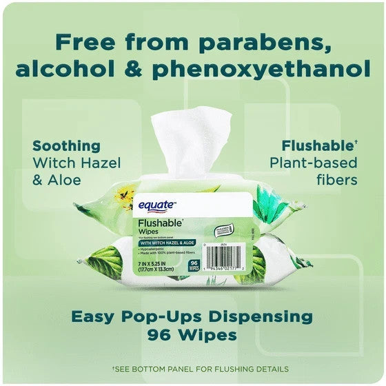 Flushable Wet Wipes with Witch Hazel & Aloe, 96 Wipes (2 Pack)