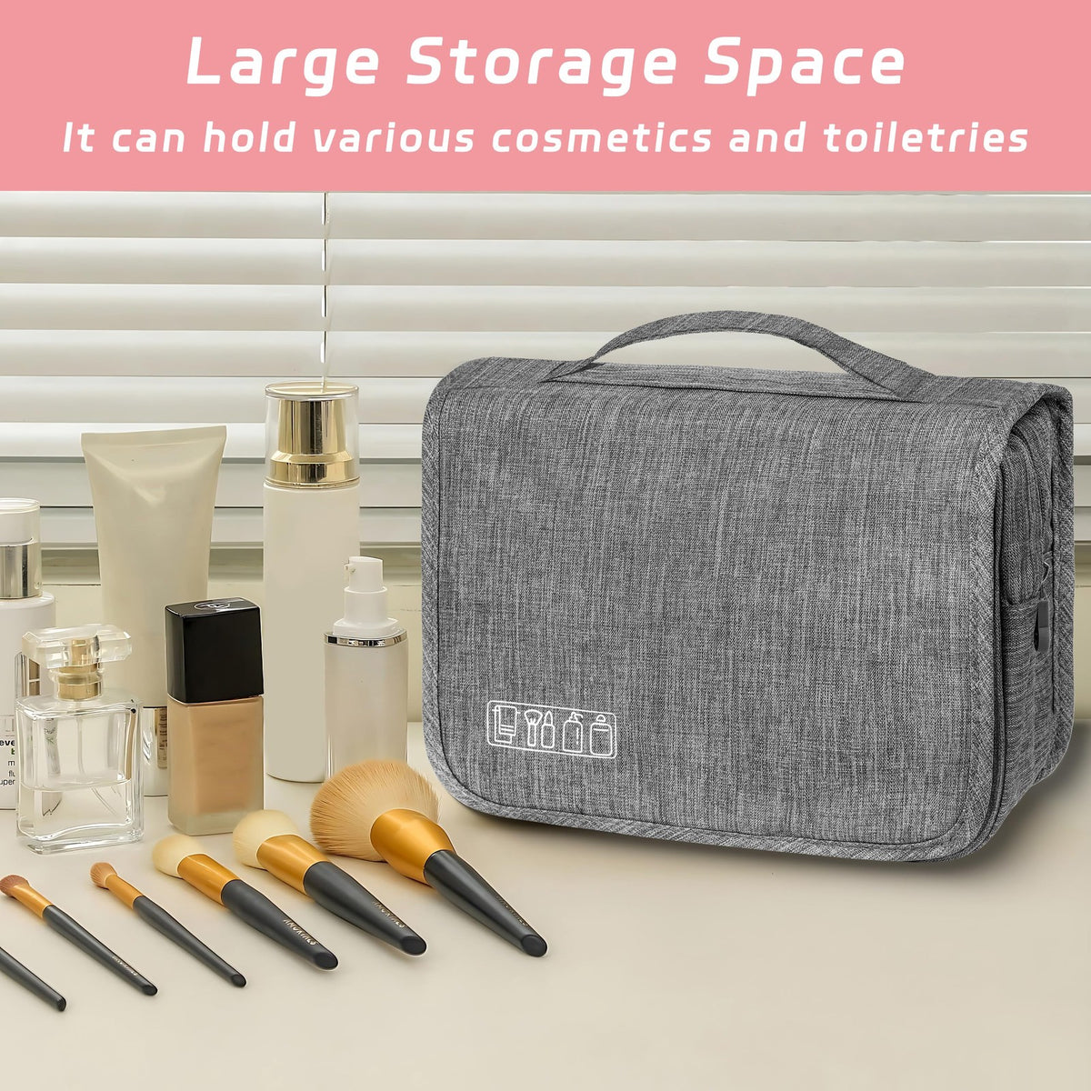 Waterproof Hanging Toiletry Bag - Travel Cosmetic Organizer, Grey, Small