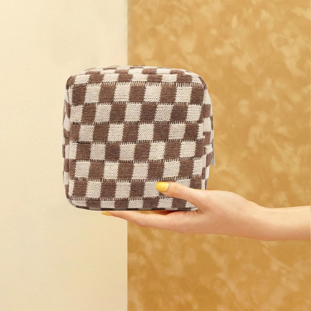 Mini Checkered Makeup Bag for Travel and Purse Storage - Cute Brown Cosmetic Pouch