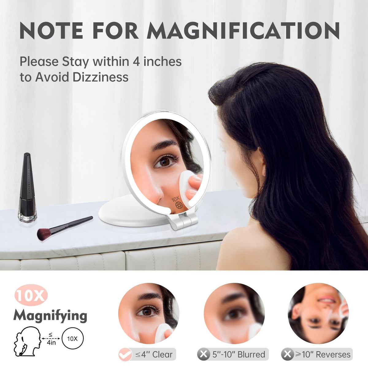 Travel Makeup Mirror with Lights and 10X Magnification - Rechargeable Portable Double-Sided Vanity Mirror, 3 Color Options