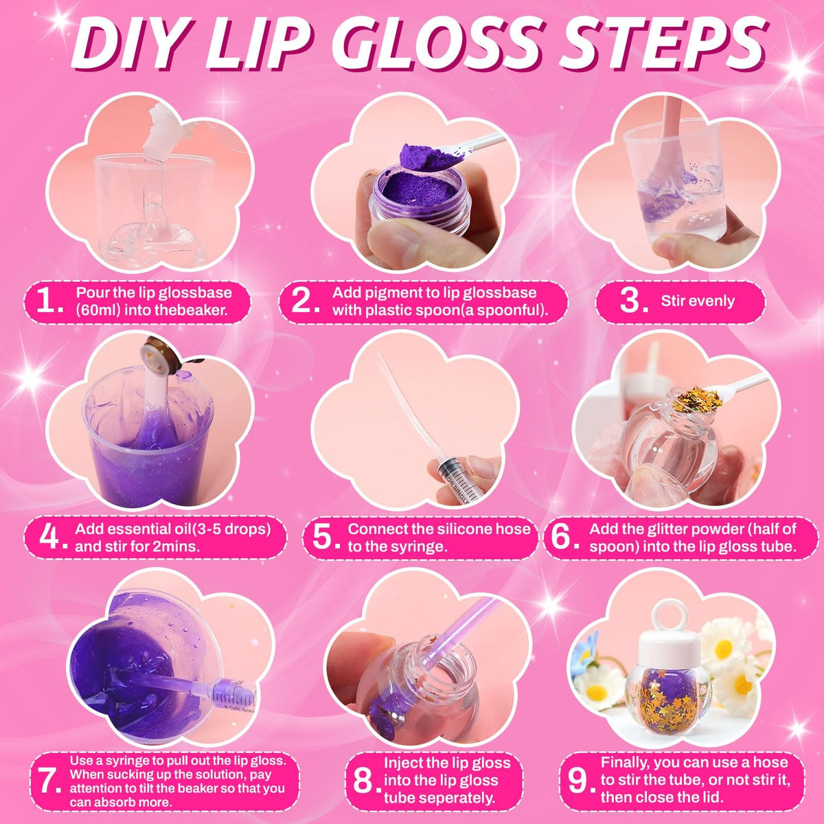 DIY Lip Gloss Making Kit with Moisturizing Base & Accessories - 74 Pieces
