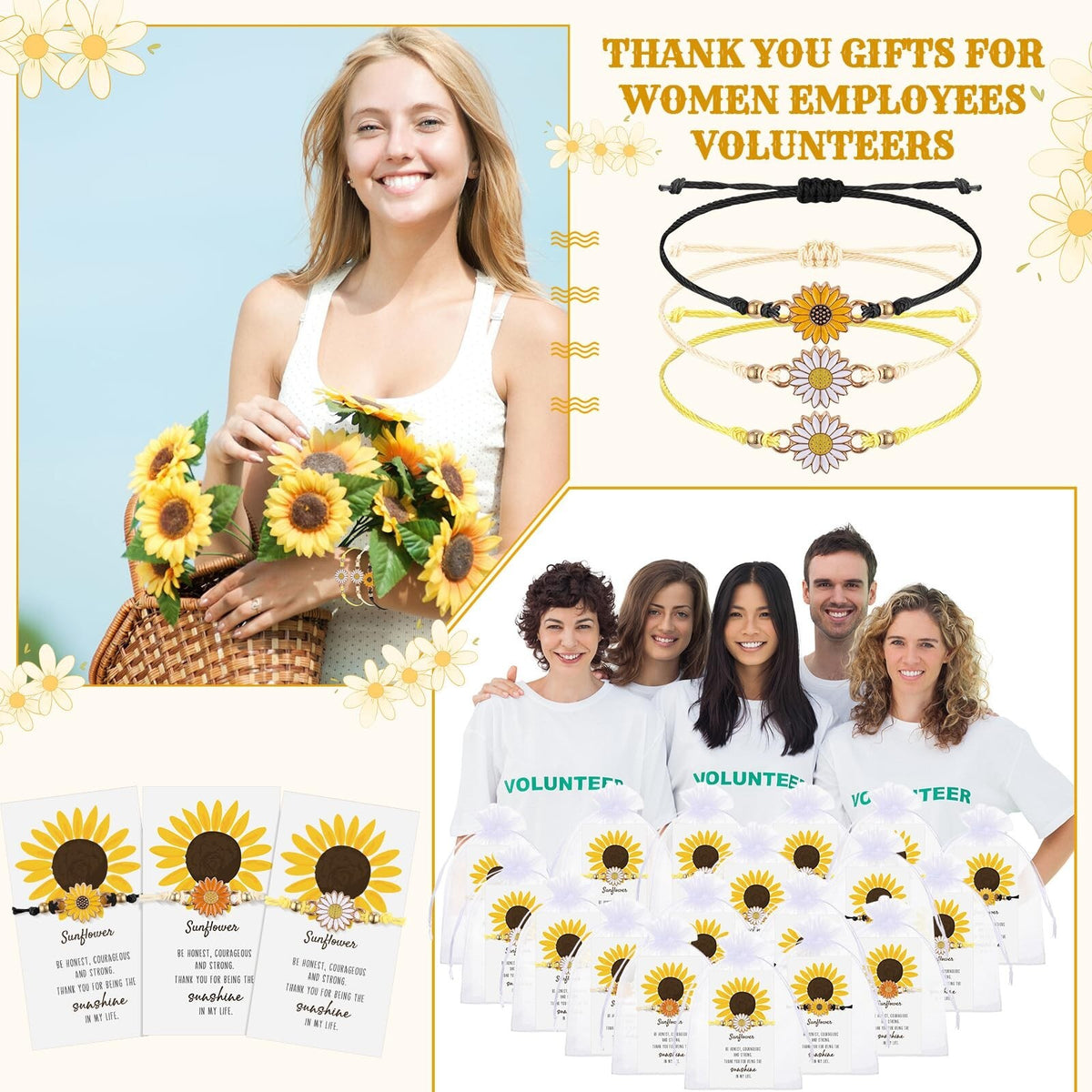 Sunflower Bracelets 36-Pack Gift Set for Women — Adjustable Metal Beaded Accessories