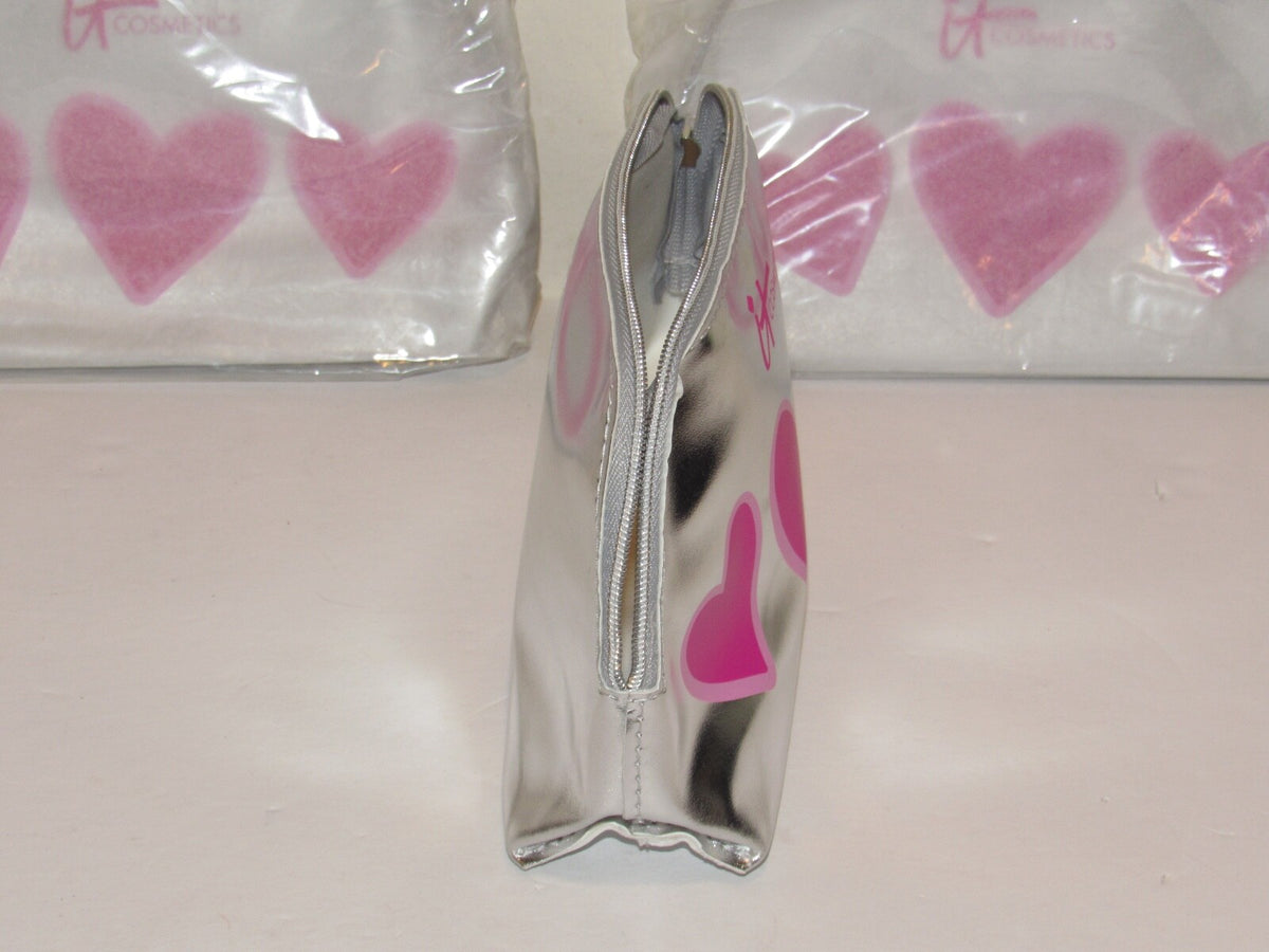 Pink Hearts Silver Cosmetic Bag Set - Travel Makeup Toiletry Bags, 3 Pack