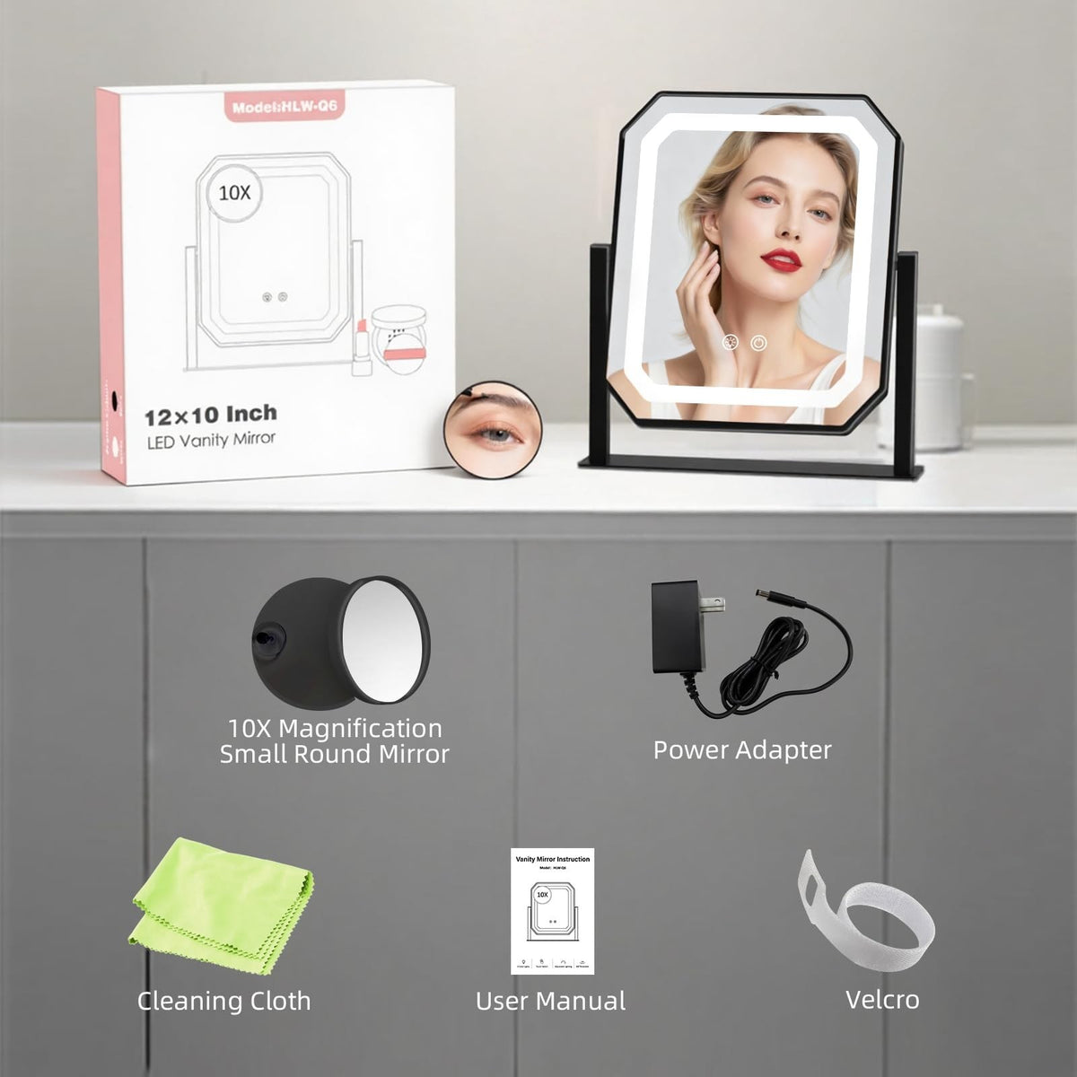 Lighted Makeup Mirror with 3 Color Modes, Touch Control, 10x Magnifier, 12x10 Inch Vanity Mirror