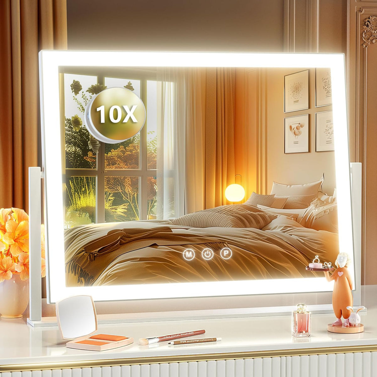 Lighted Makeup Mirror with LED Lights, 17.3x13 Inch Vanity Mirror with Touch Control & Detachable 10X Magnifier