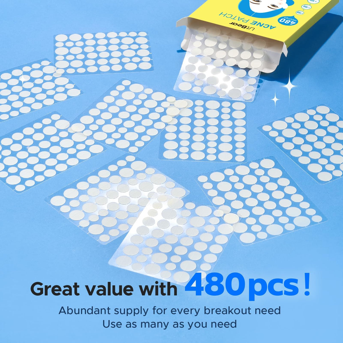 Hydrocolloid Acne Patches Bulk - 480 Patches for Face, 3 Sizes for Pimples & Blemishes