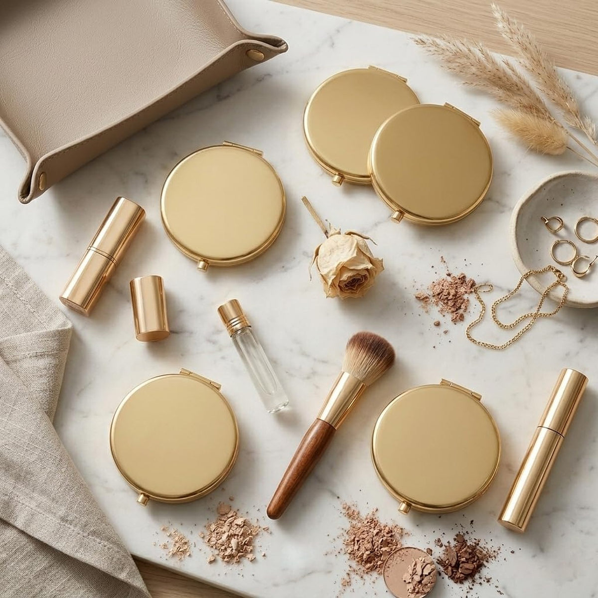 Double-Sided Pocket Makeup Mirror - Compact Gold Travel Handheld