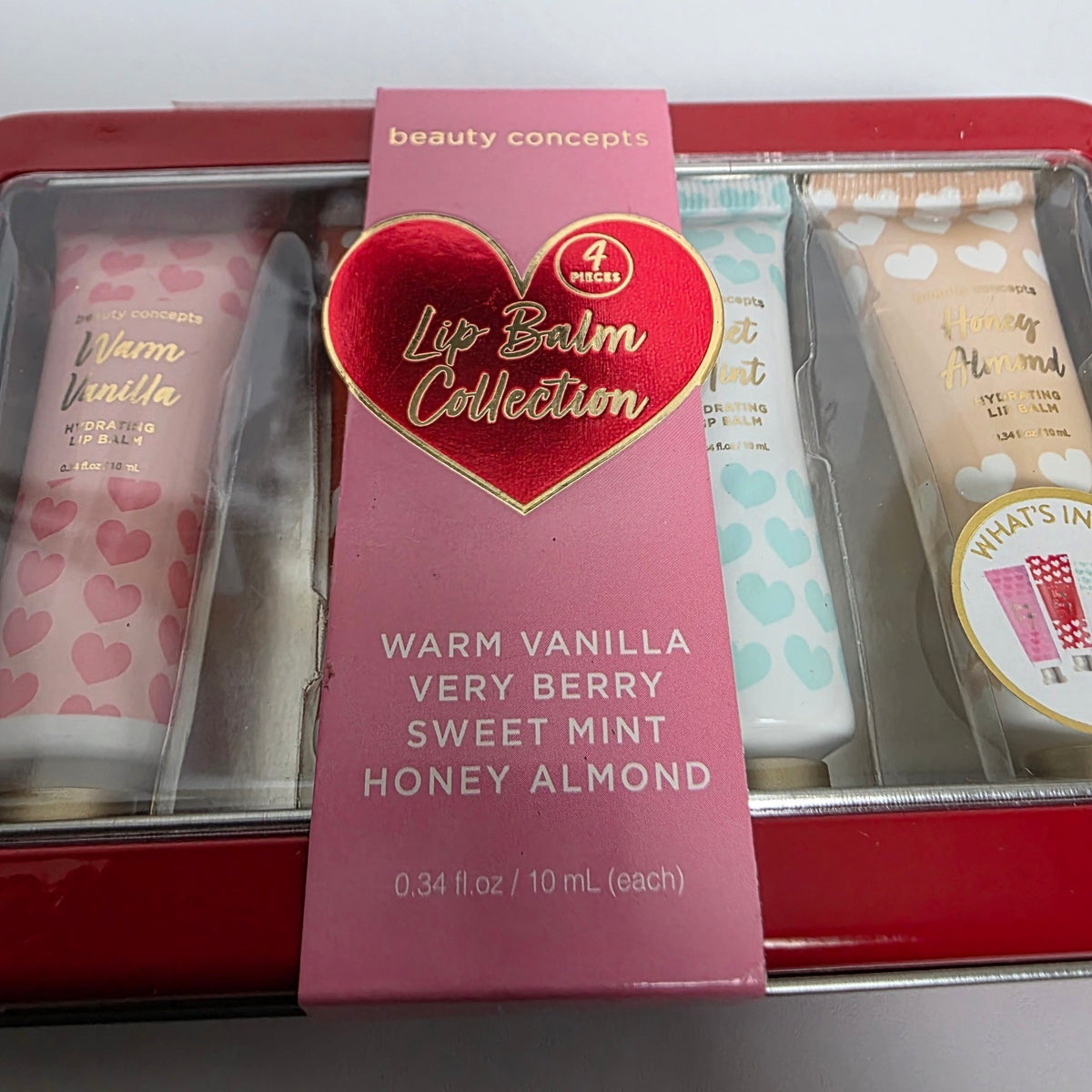 4-Piece Lip Balm Set in Decorative Tin - Vanilla, Berry, Mint, Almond