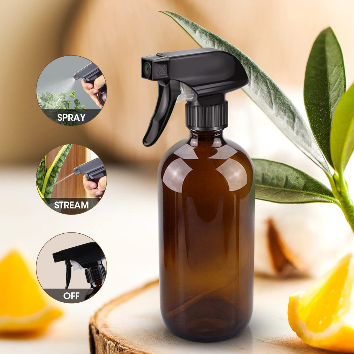 Amber Glass Spray Bottles 16oz - Adjustable, UV-Protected Cleaning & Home Use