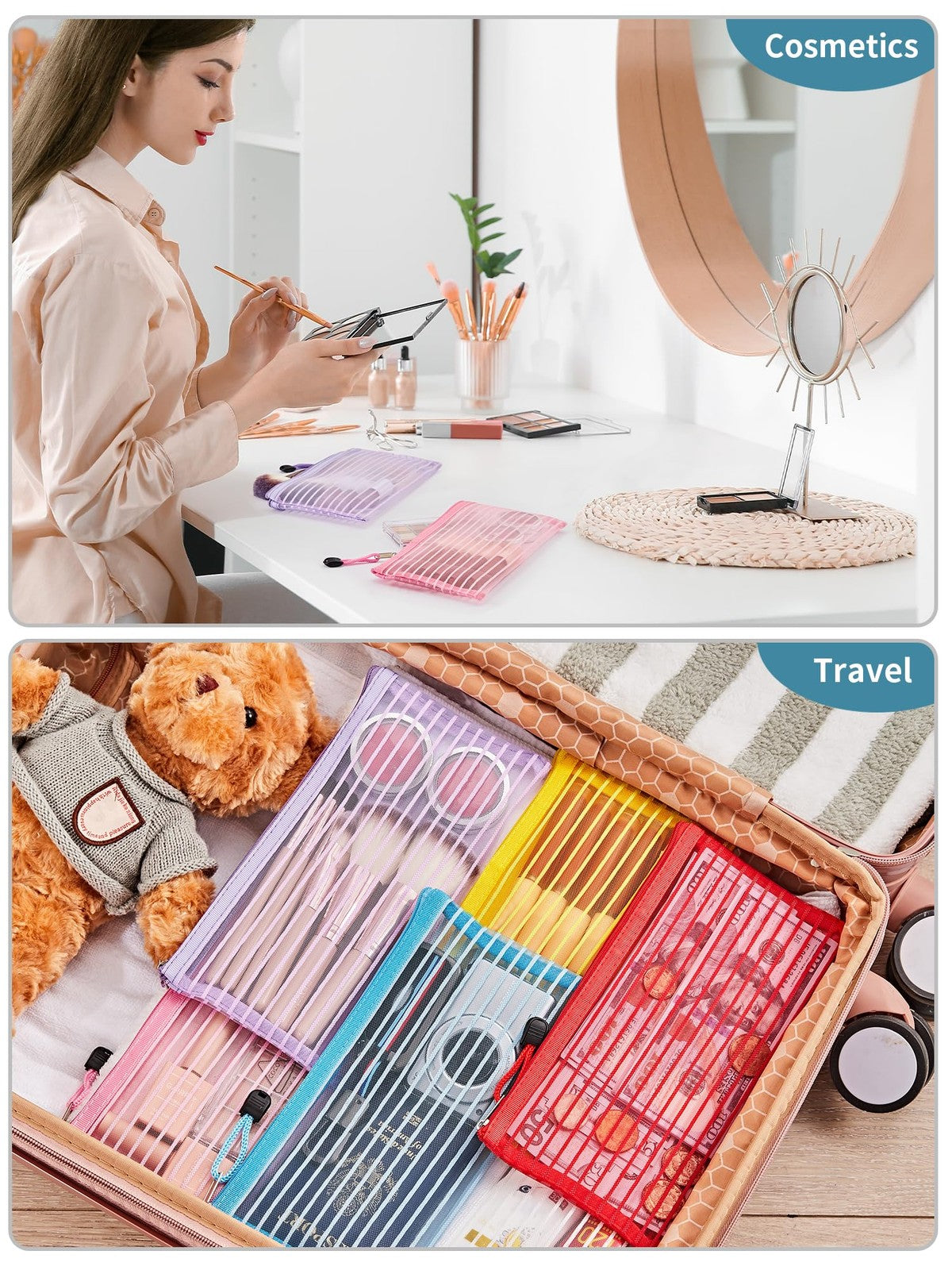 Mesh Zipper Pouches Set of 80 in 10 Colors - Durable Storage Bags for Office, Travel & Cosmetics
