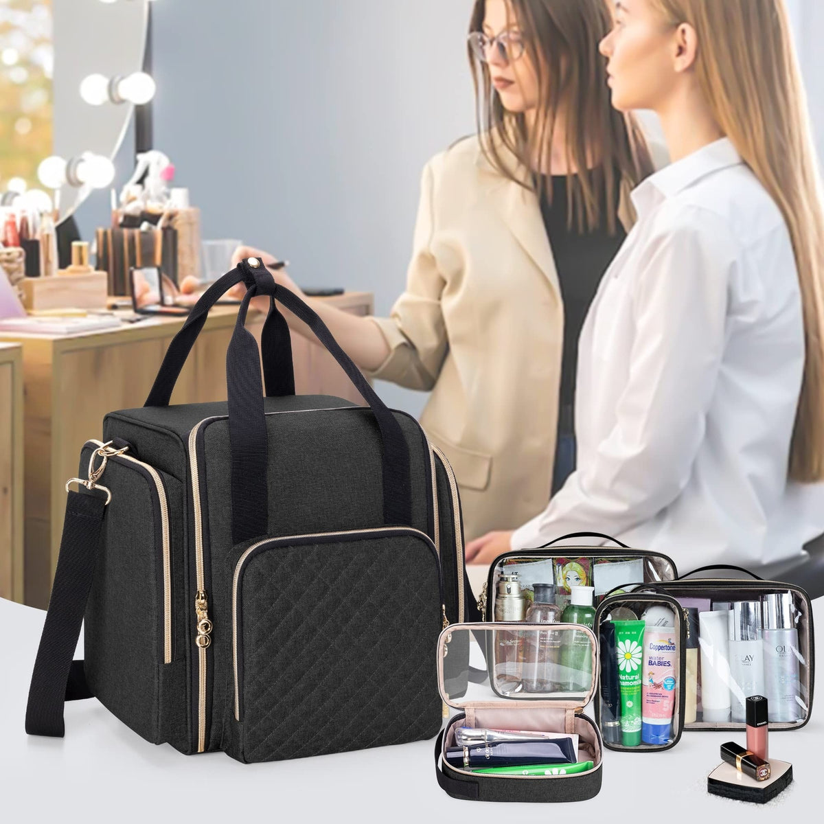 Large Travel Makeup Bag with Removable Cases and Multiple Storage Compartments
