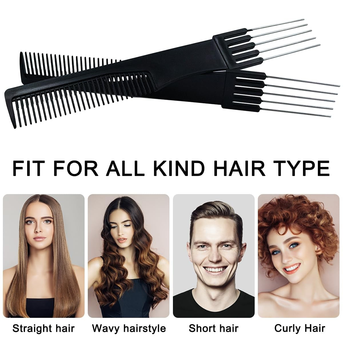 Black Metal Teasing Combs Set with Stainless Steel Back - Hair Styling Tools