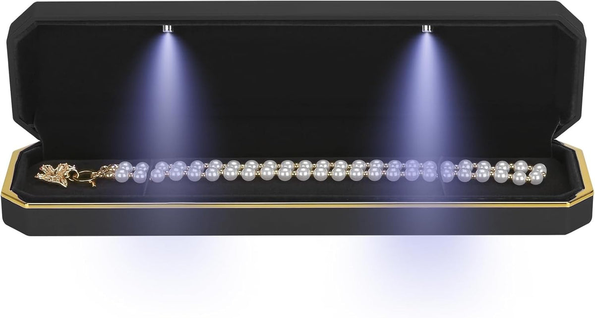 LED Necklace with Long Chain and Lighted Jewelry Box - Black