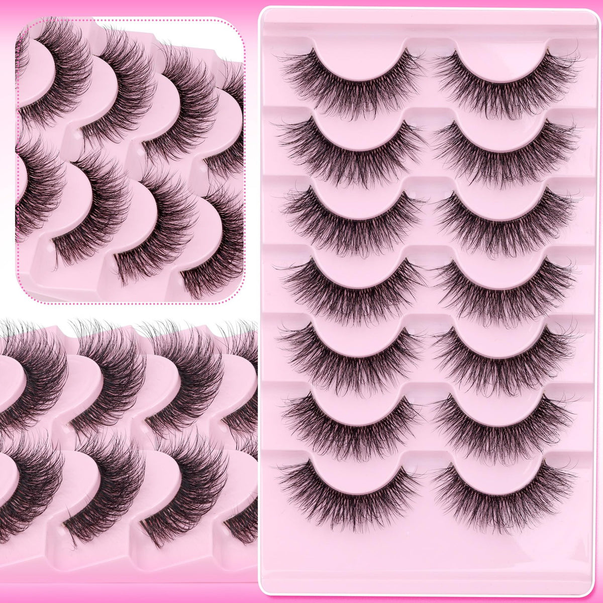 Wispy Faux Mink False Eyelashes with Clear Band - 7 Pairs, Black
