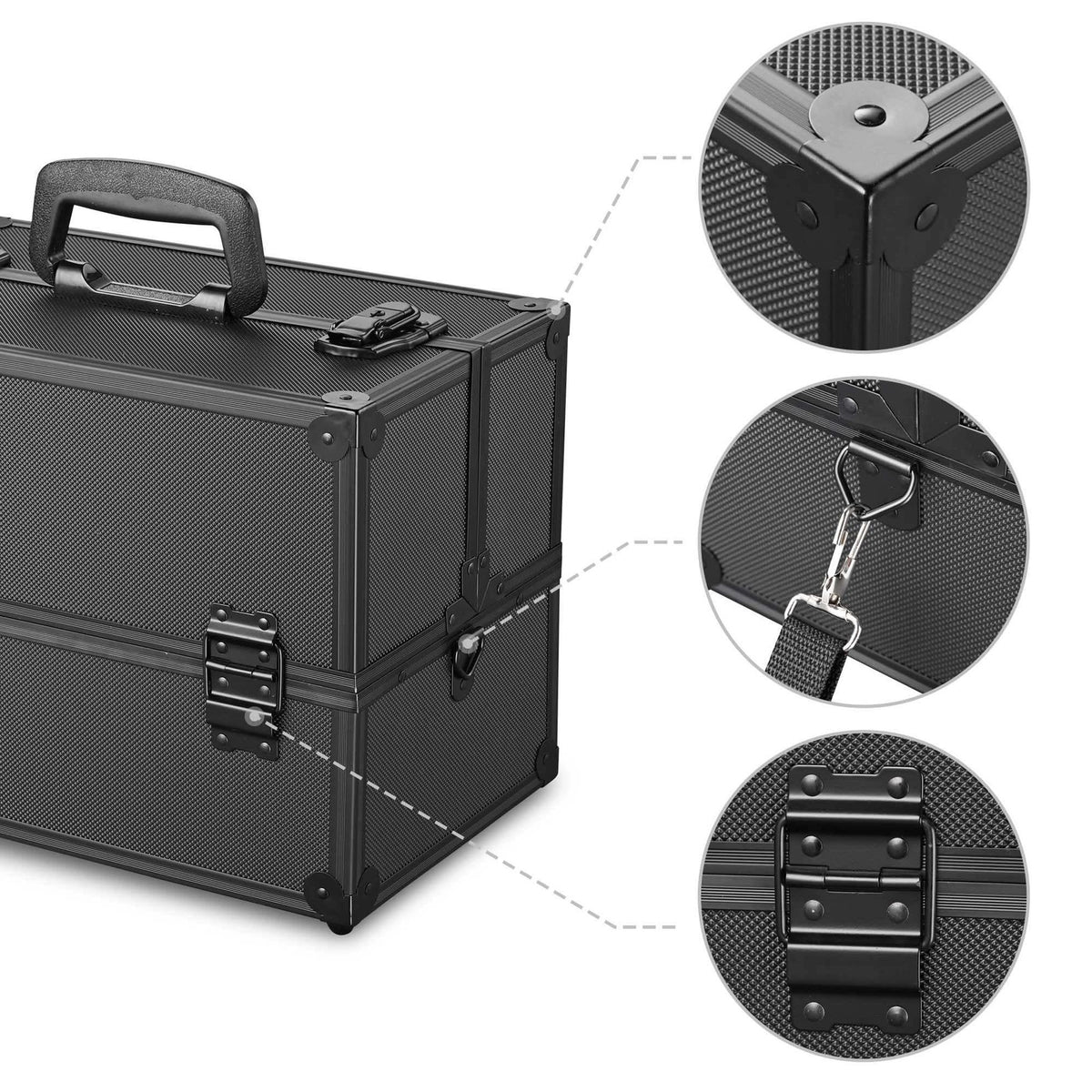 Large Aluminum Makeup Train Case with 4-Tier Trays and Lockable Storage