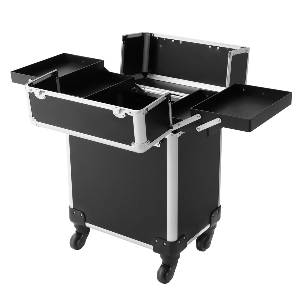 Black Travel Makeup Organizer Case with Wheels & Compartments