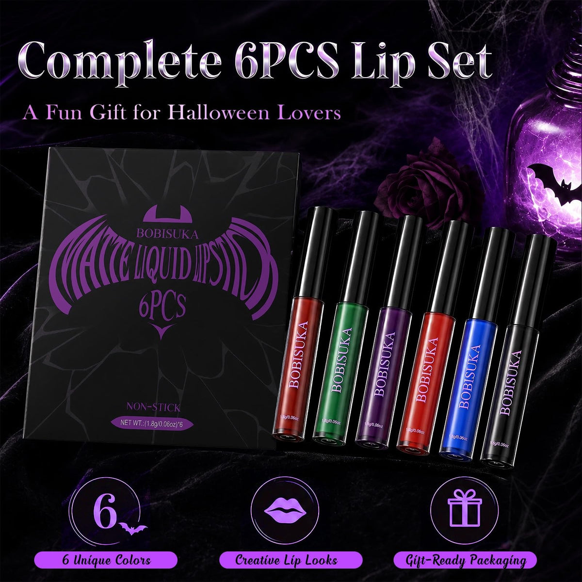 Halloween Liquid Lipstick Set - 6 Bold Gothic & Fantasy Colors