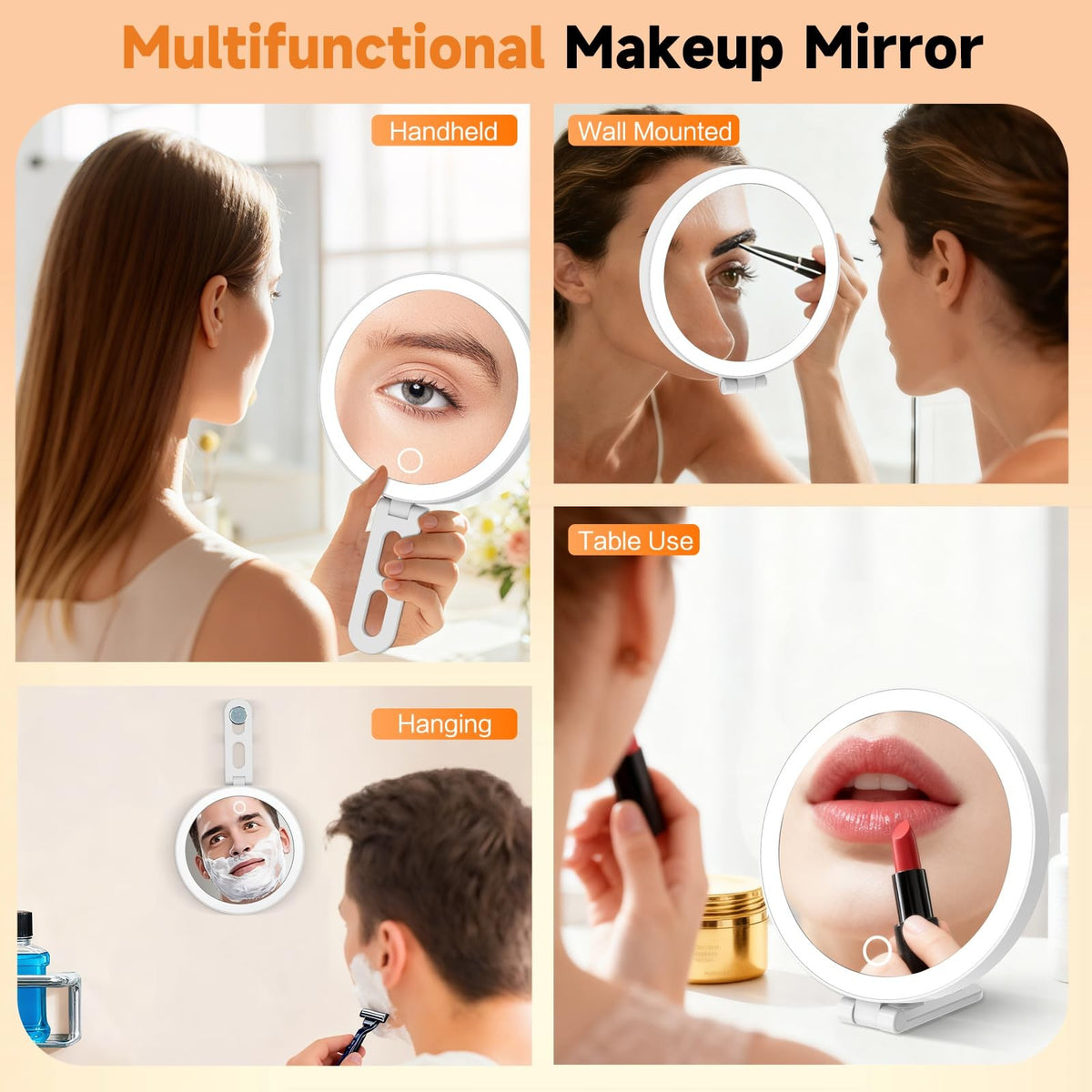 Travel Lighted Makeup Mirror with 10X Magnification and 3 Color LED Lights - Portable 4-in-1 Design