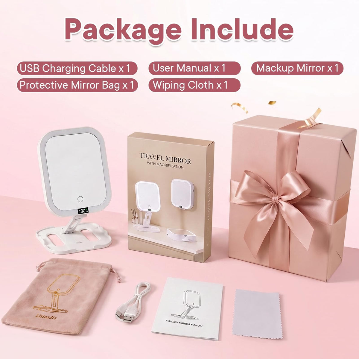 Travel Makeup Mirror with Lights, 10X & 1X Magnification, Dimmable LED, Foldable & Portable