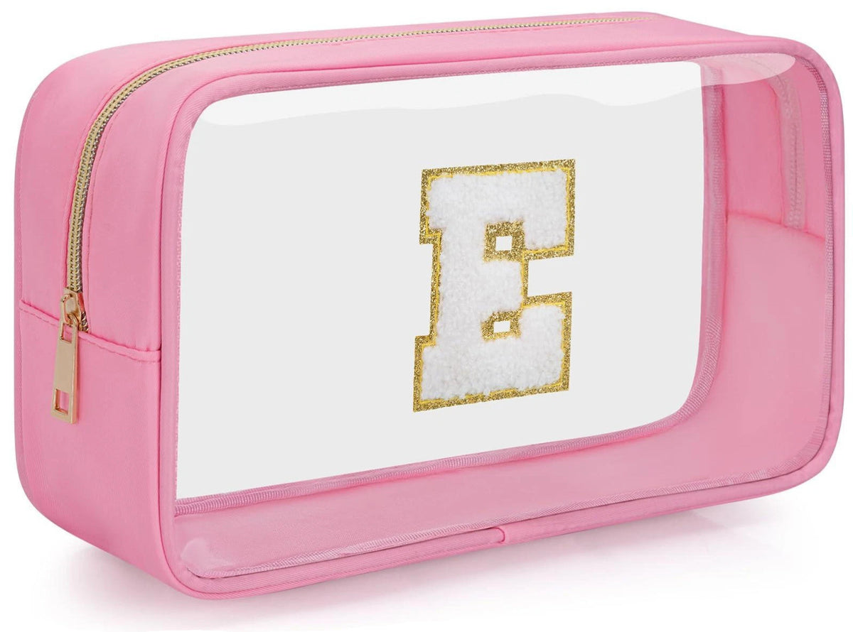 Personalized Initial Letter Clear Travel Makeup Bag with Chenille Patch