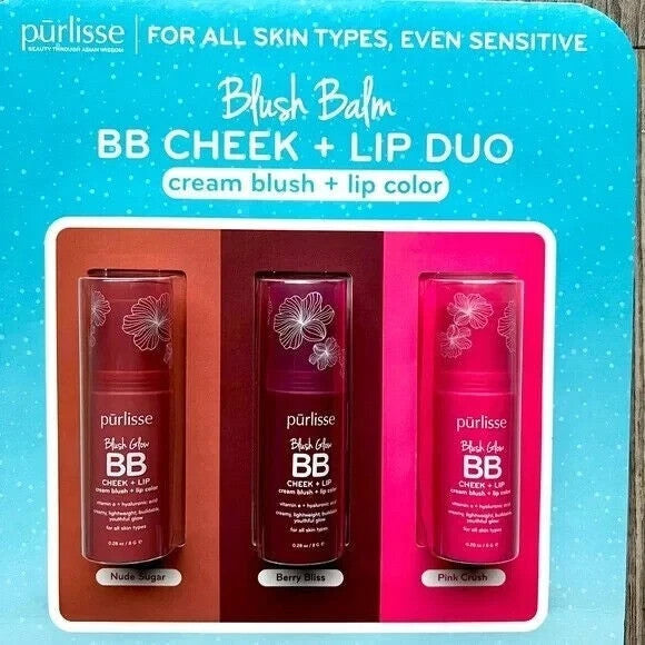 Purlisse Multi-Balm Blush Lipstick 3 Pack Gift Set - Hydrating Cream Lip & Cheek Colors