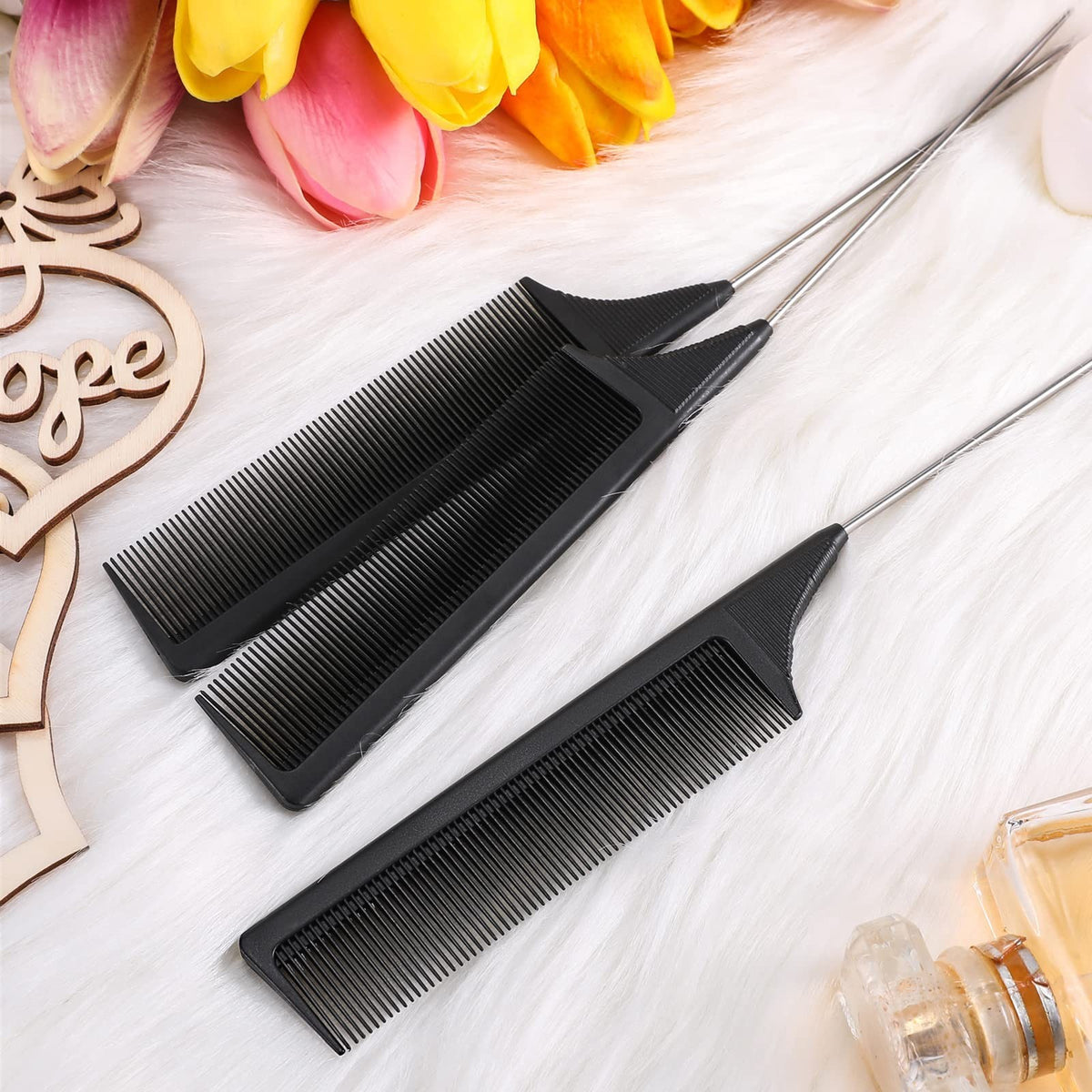 Steel Tail Comb for Hair Styling, Parting & Backcombing - Black, 3 Pack