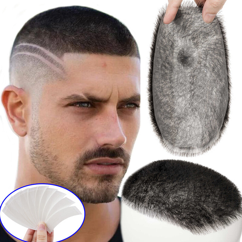 Mens PU Thin Skin Toupee Hair Replacement System Short Buzz Cut Hairpiece