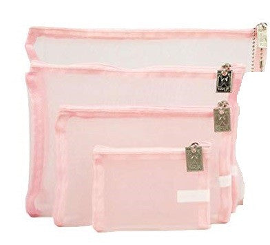 Mesh Zipper Bags Set of 4 - Light Pink Organizers for Purse, Desk, Car