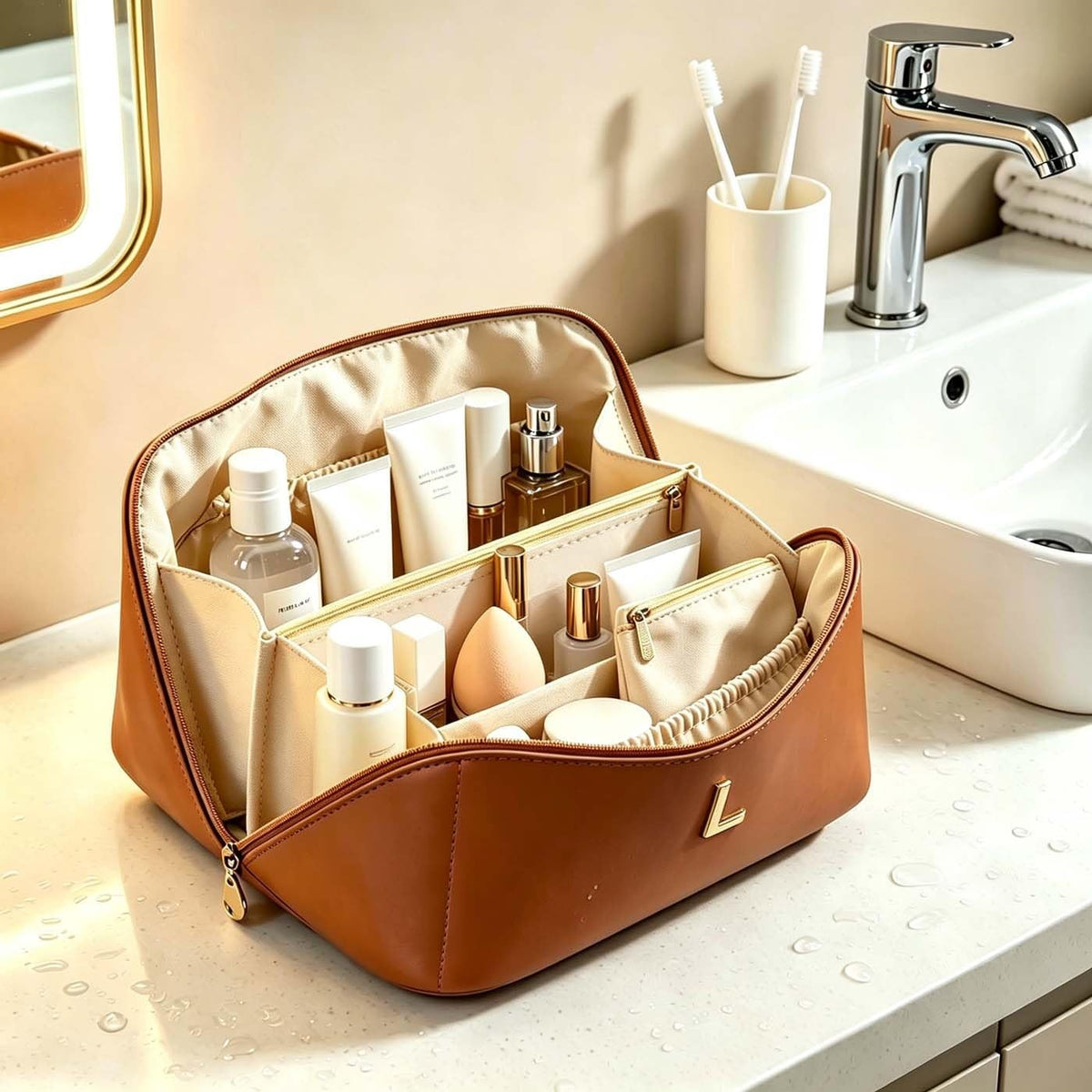 Personalized Makeup Bag with Initials - Large Travel Cosmetic Organizer, Brown