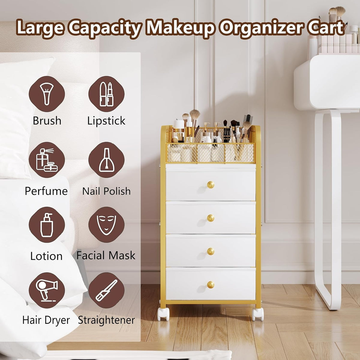 Rolling Makeup Organizer Cart with 4 Drawers and Lockable Wheels - Space Saving Vanity Storage
