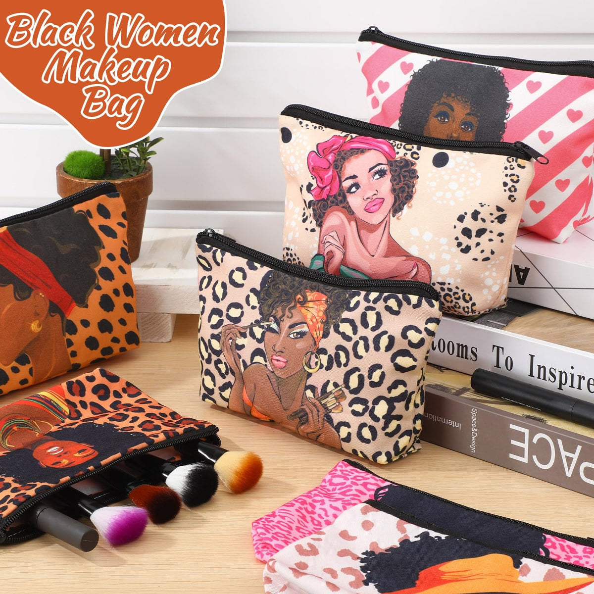 12-Piece Black Women Makeup Bag Set with Leopard Print – Travel & Cosmetic Pouches