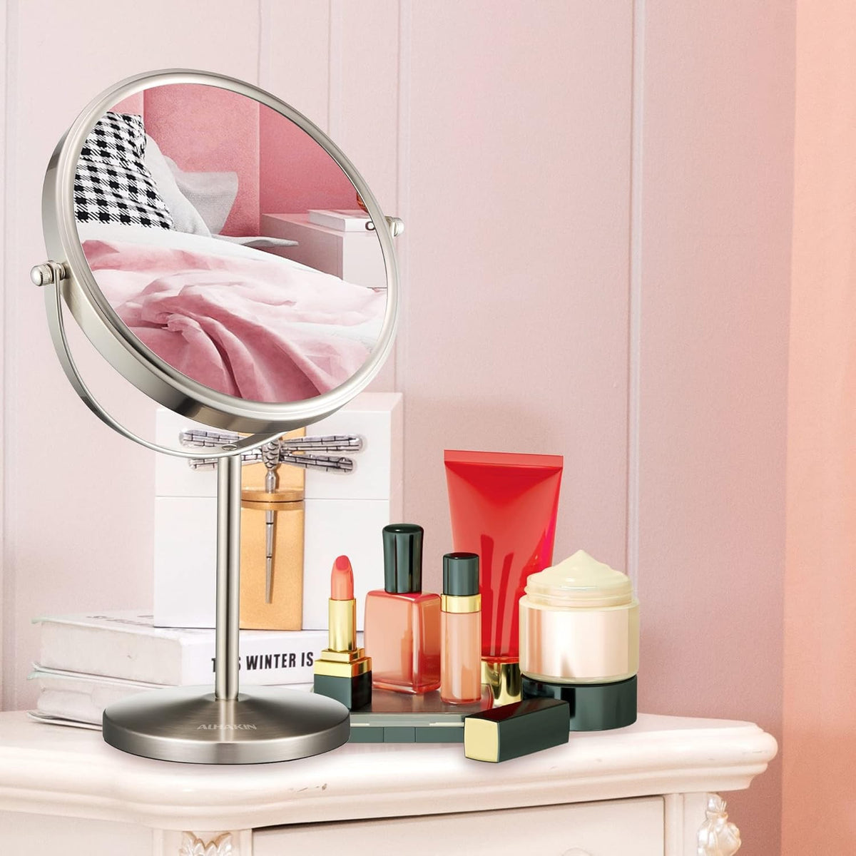 8 Inch Double-Sided Makeup Mirror with 1X/10X Magnification, Tabletop, Detachable Base