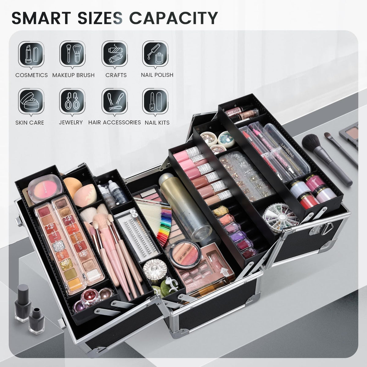 Large Makeup Train Case with 6 Trays - Portable Cosmetic Organizer, Lockable, 12.6 Inch