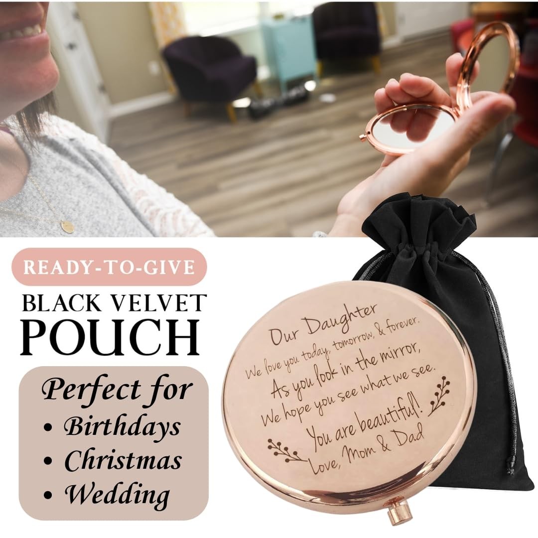 Personalized Rose Gold Compact Mirror with Engraving - Gift for Daughter