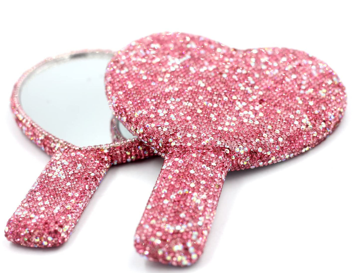 Pink Heart-Shaped Makeup Mirror with Rhinestones - Portable Handheld Cosmetic Mirror
