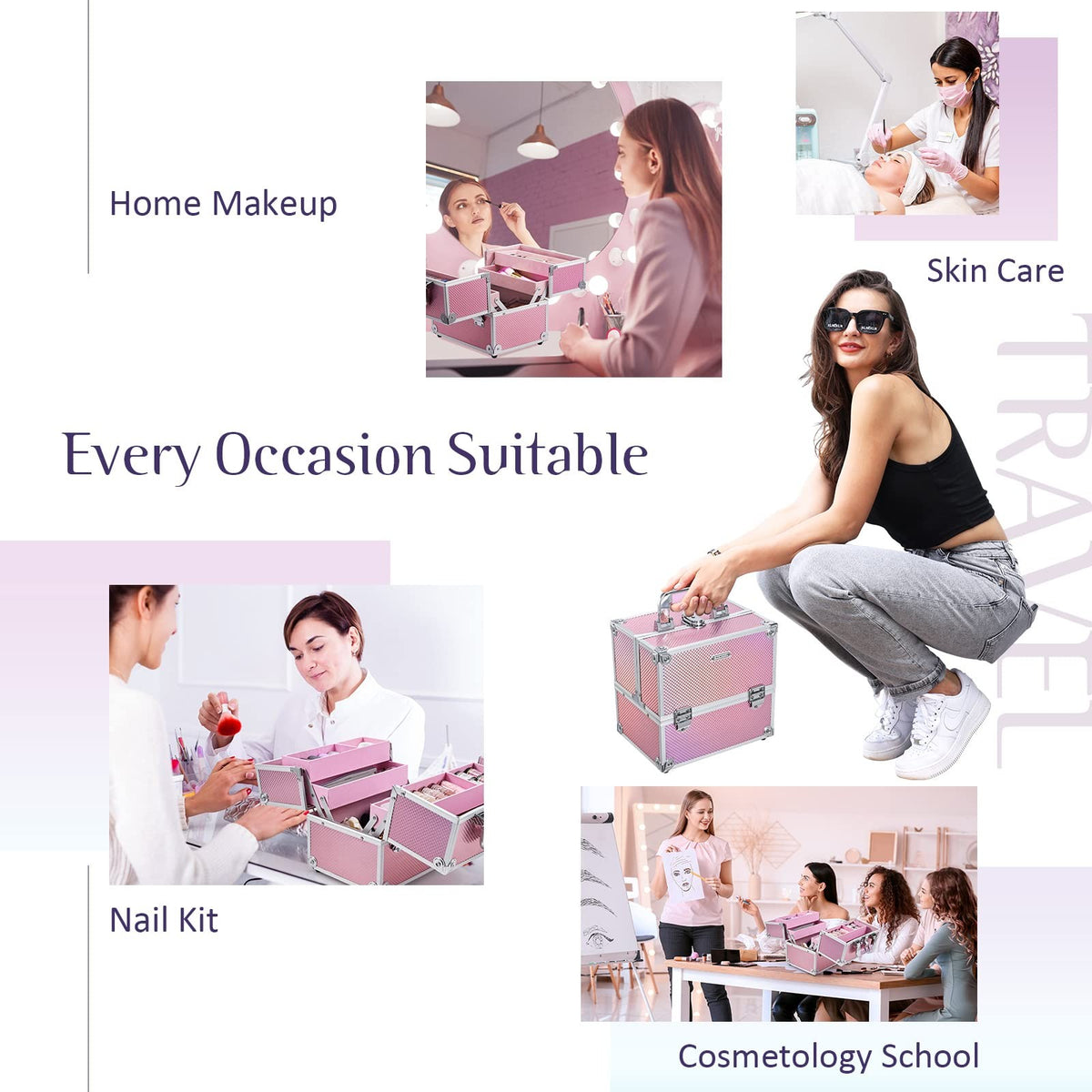 Travel Makeup Case Organizer with Lockable 4-Tier Trays - Mermaid Pink