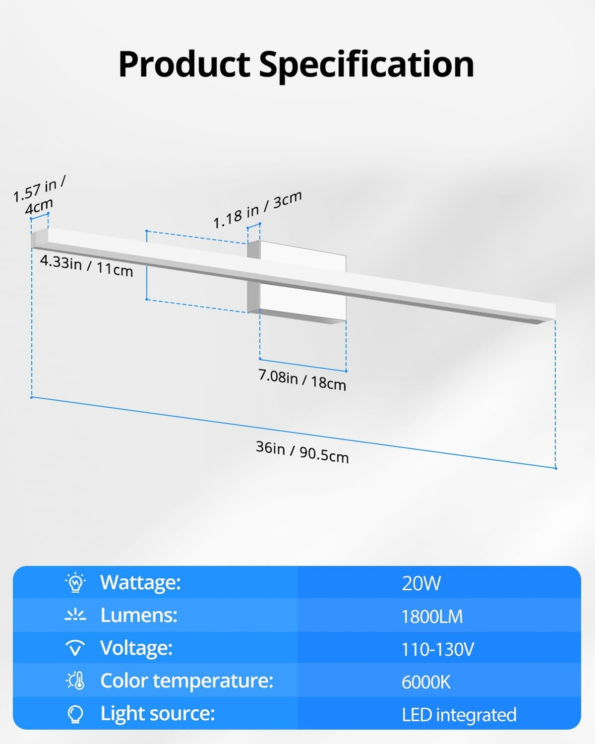 36-Inch LED Vanity Light Bar IP44 Bathroom Wall Fixture 20W Modern Cool White