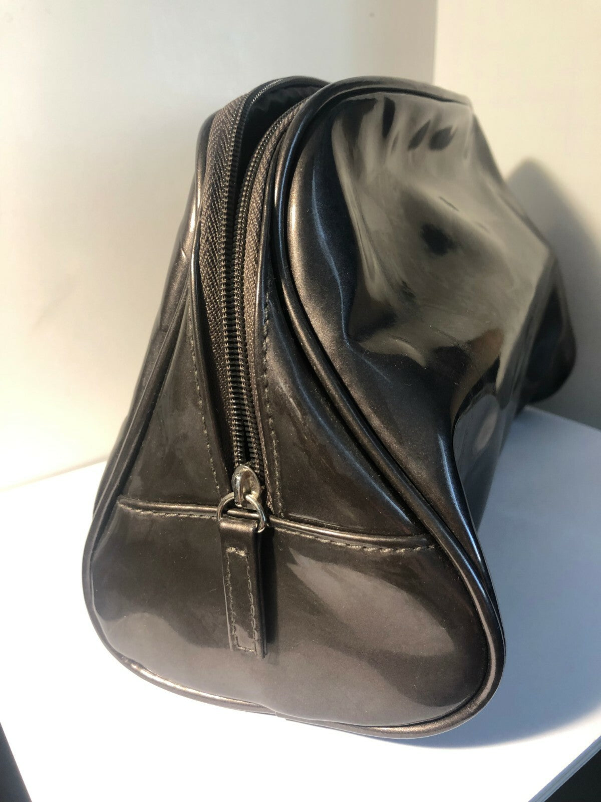 Dark Gray Faux Leather Makeup Bag with Zipper for Cosmetics and Toiletries