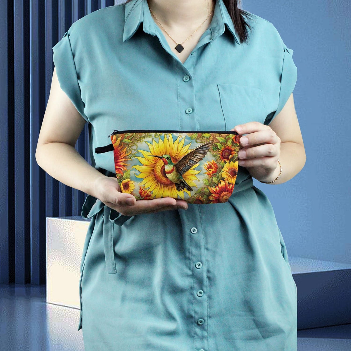 Sunflower Hummingbird Makeup Bag - Floral Small Cosmetic Organizer for Women