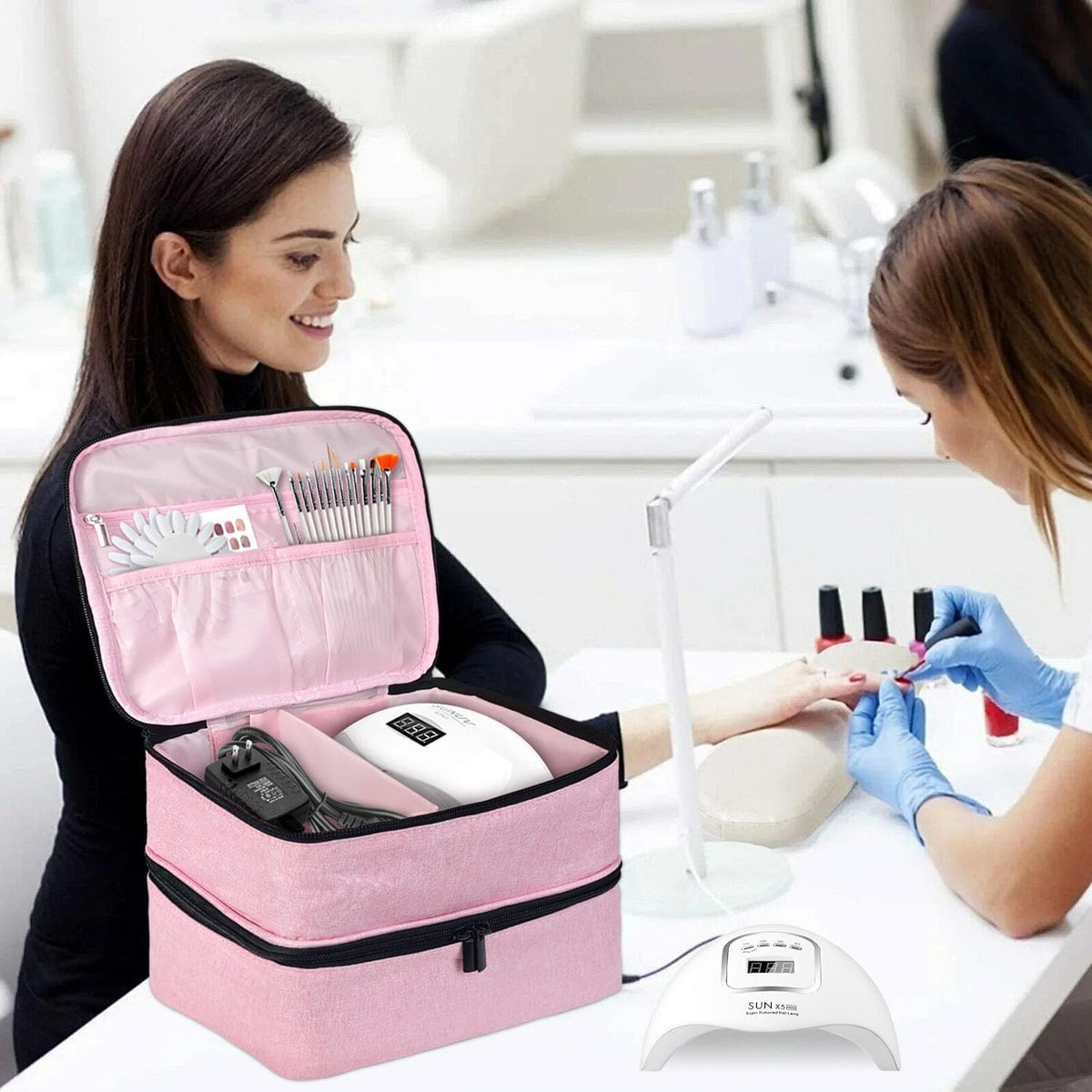 Pink Nail Polish Storage Bag Holds 30 Bottles & Lamp Kit Organizer