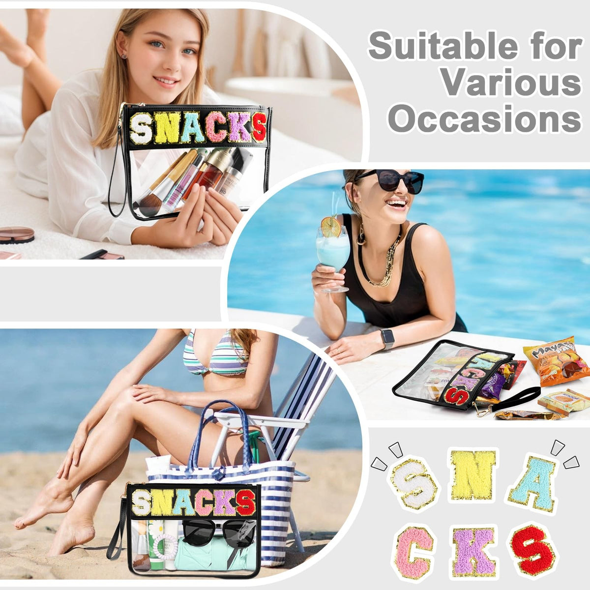 Travel Snack Bag with Zipper & Clear PVC Chenille Letter Patch - Waterproof Pouch