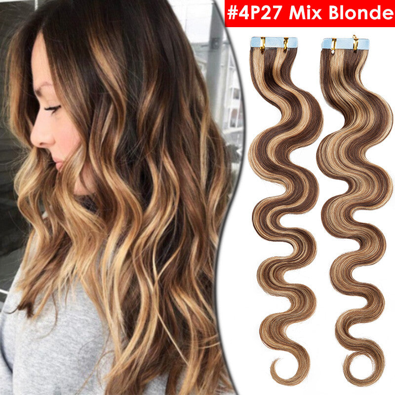 Full Head Thick Tape-In Human Hair Extensions - Remy Wavy Skin Weft