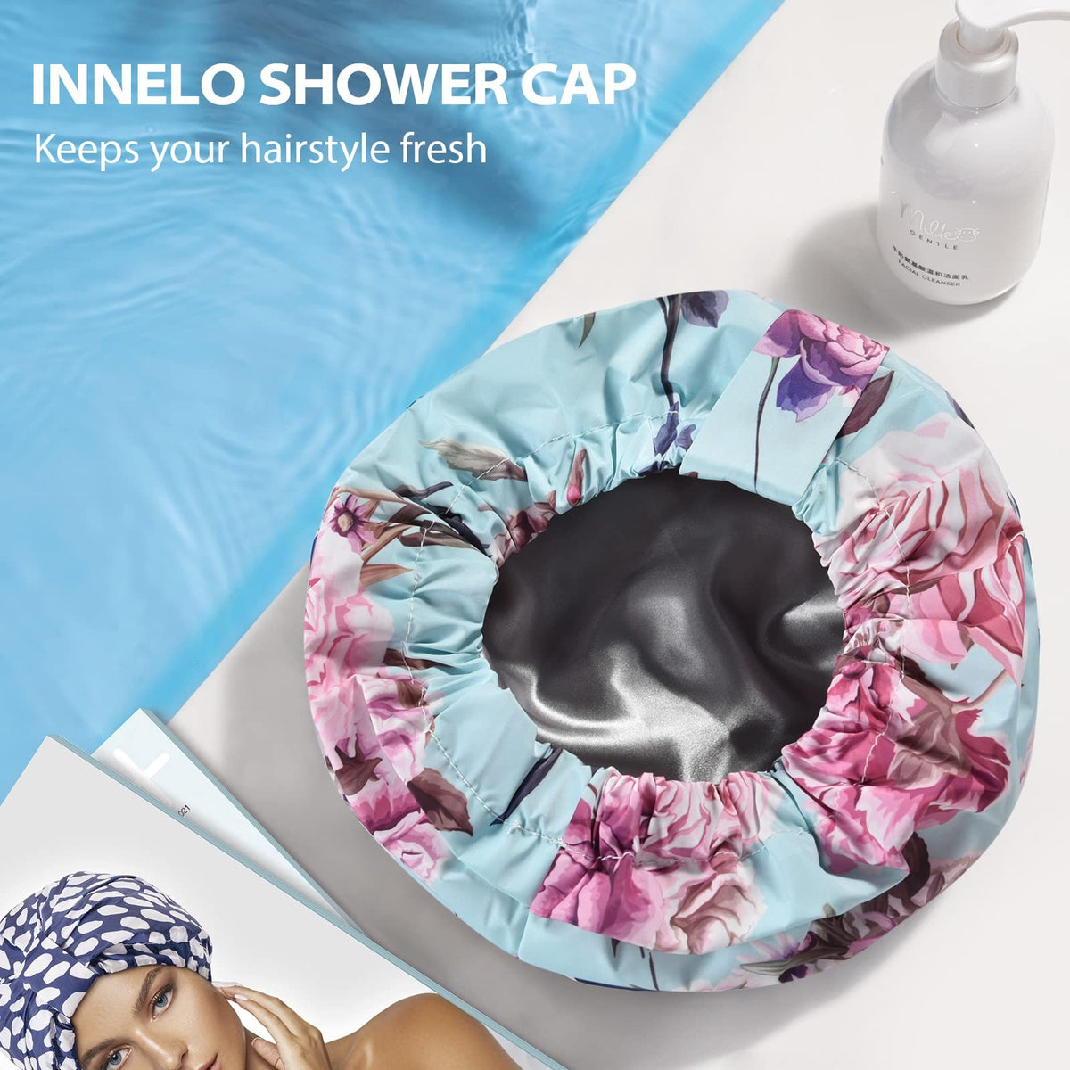 INNELO Luxury Shower Cap for Women Reusable One Size, Green-Flower